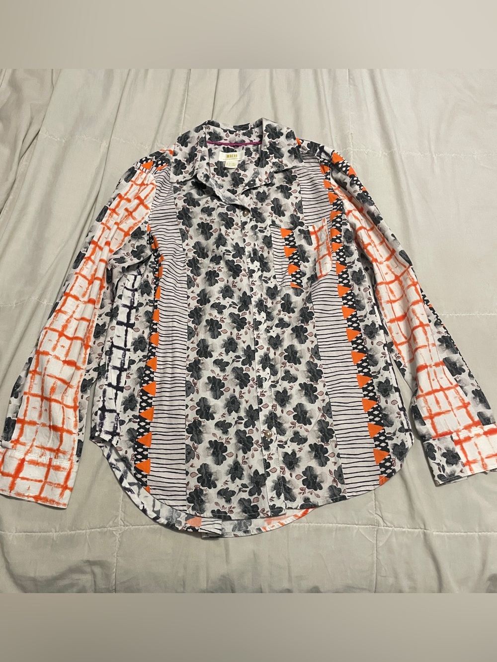 Maeve by anthropology Mixed-Print Button-Up long Shirt in White, Black & Orange